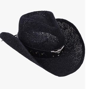 Black Woven Straw Cowboy Hat with Hat Band Lightweight Metal Bull Detail Band